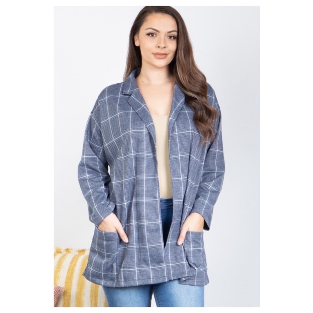 New Pretty Plus Size Plaid Open Front Style Jacket With Pockets